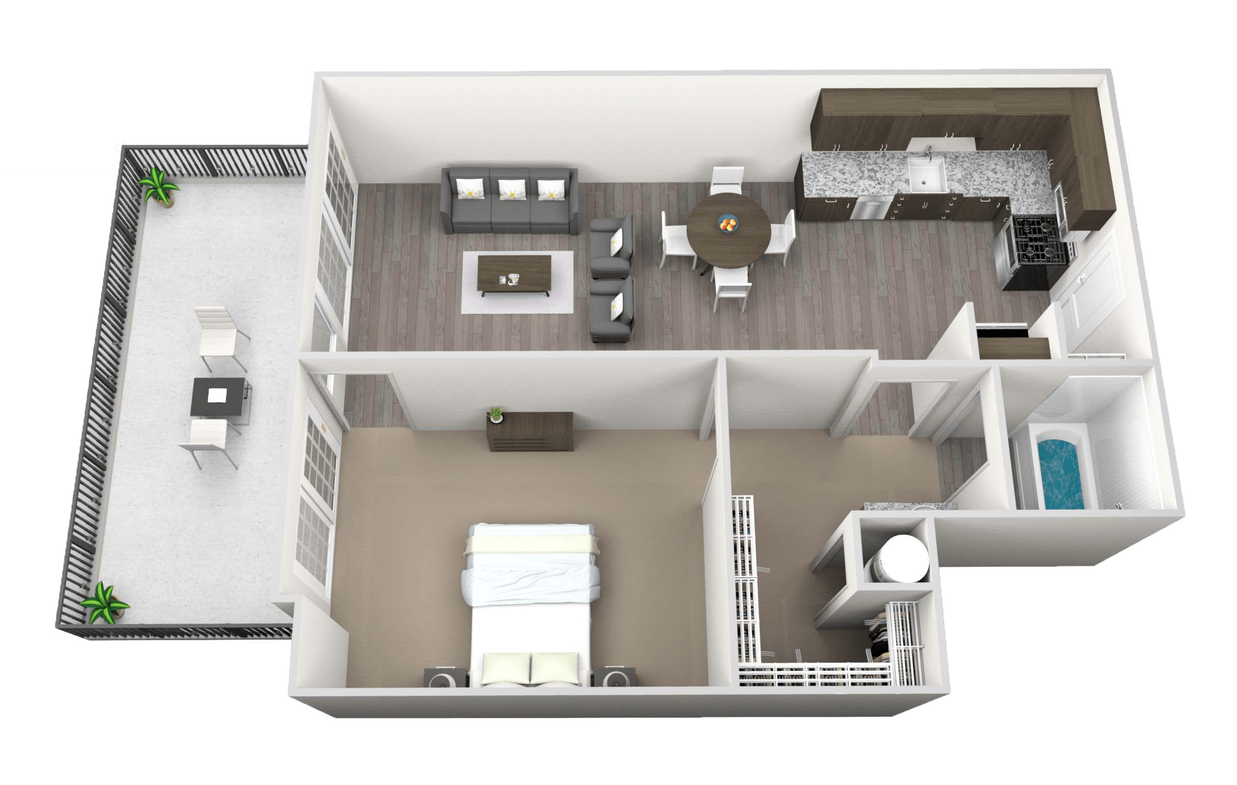 A 3D rendered image of a house layout.