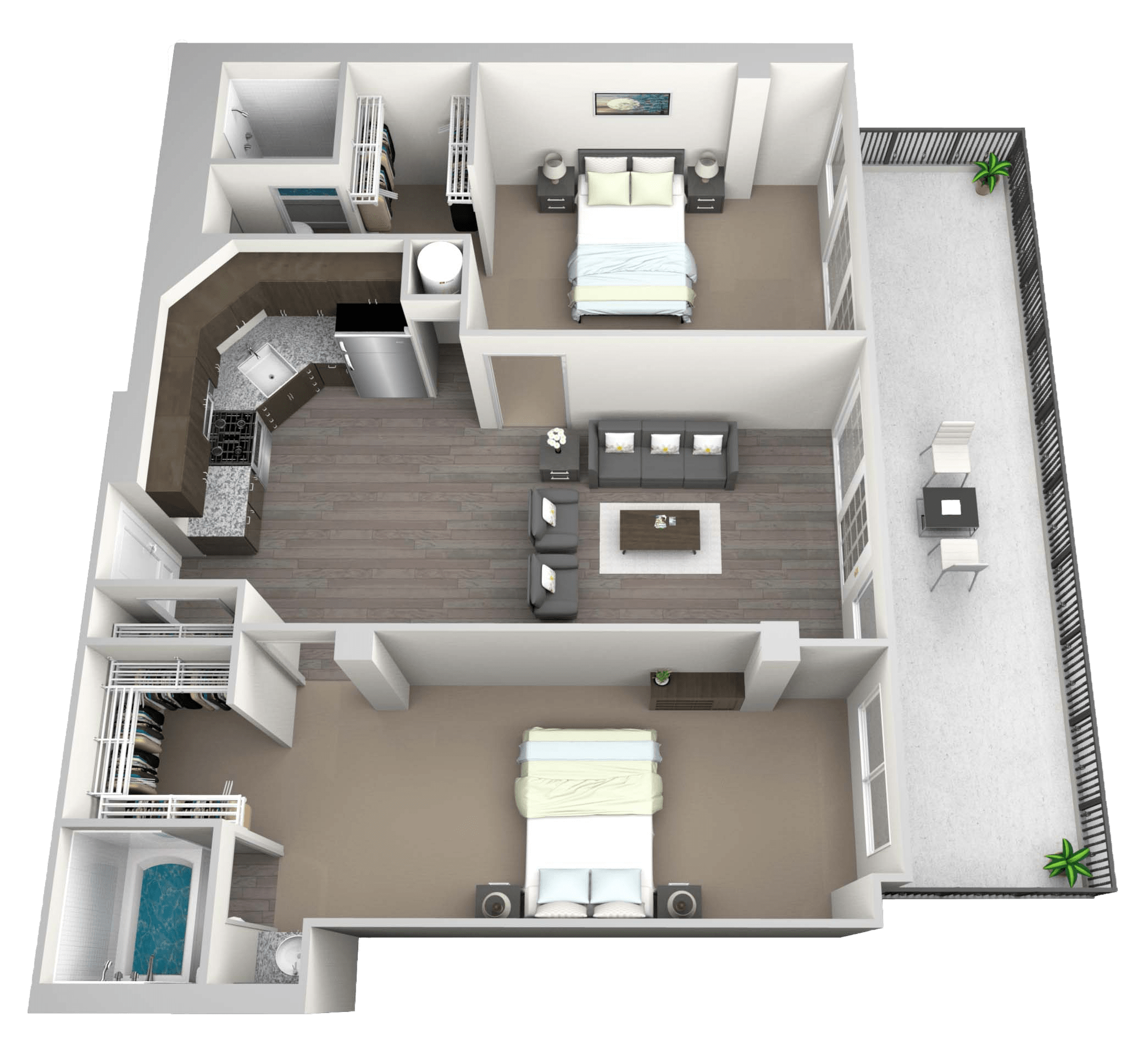 A 3D rendered image of a house layout with two bedrooms, a living room, a kitchen, and a bathroom.