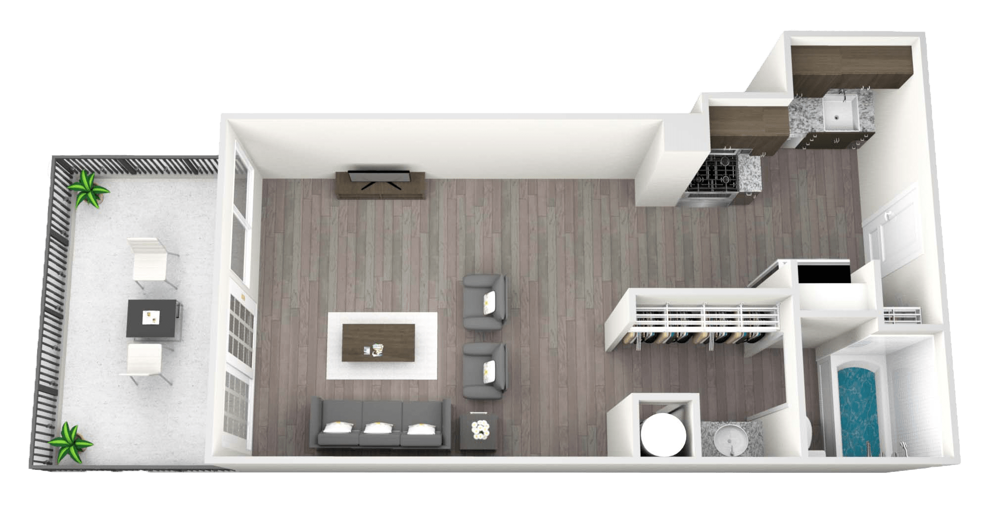 A 3D rendered image of a modern apartment layout.
