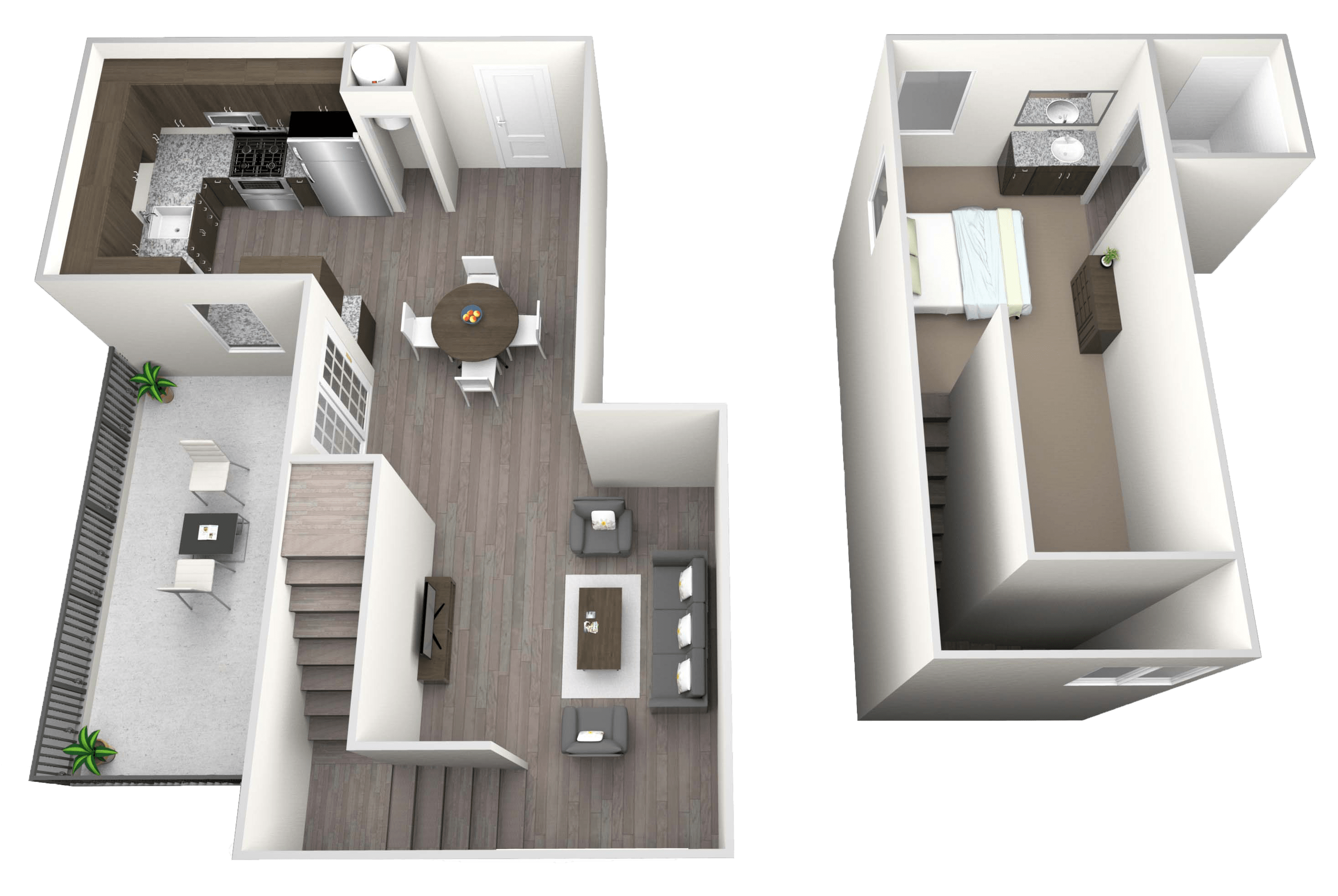 A 3D floor plan of a two-bedroom apartment with a living room, kitchen, and bathroom.