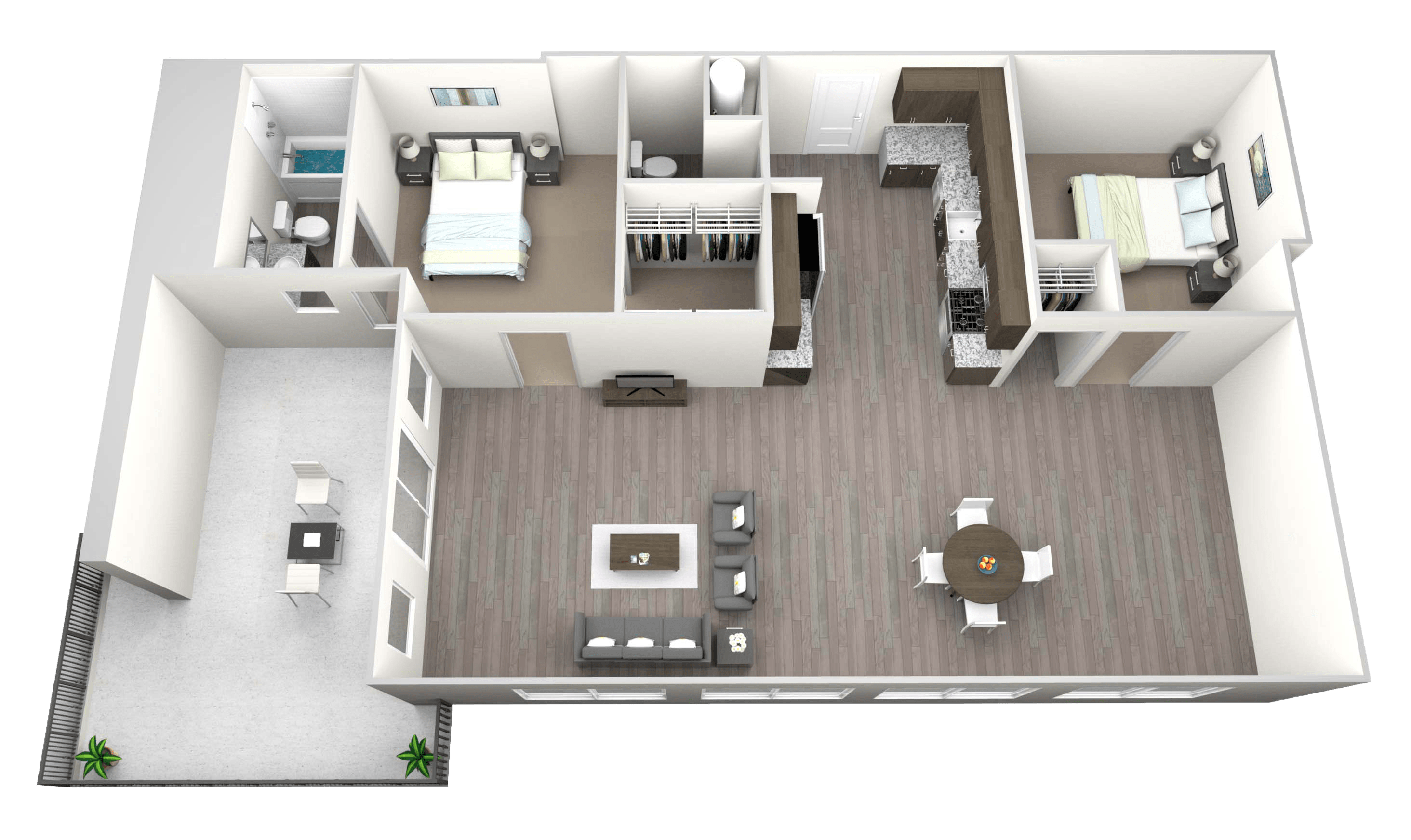 A 3D floor plan of a house with a kitchen, living room, and bedrooms.