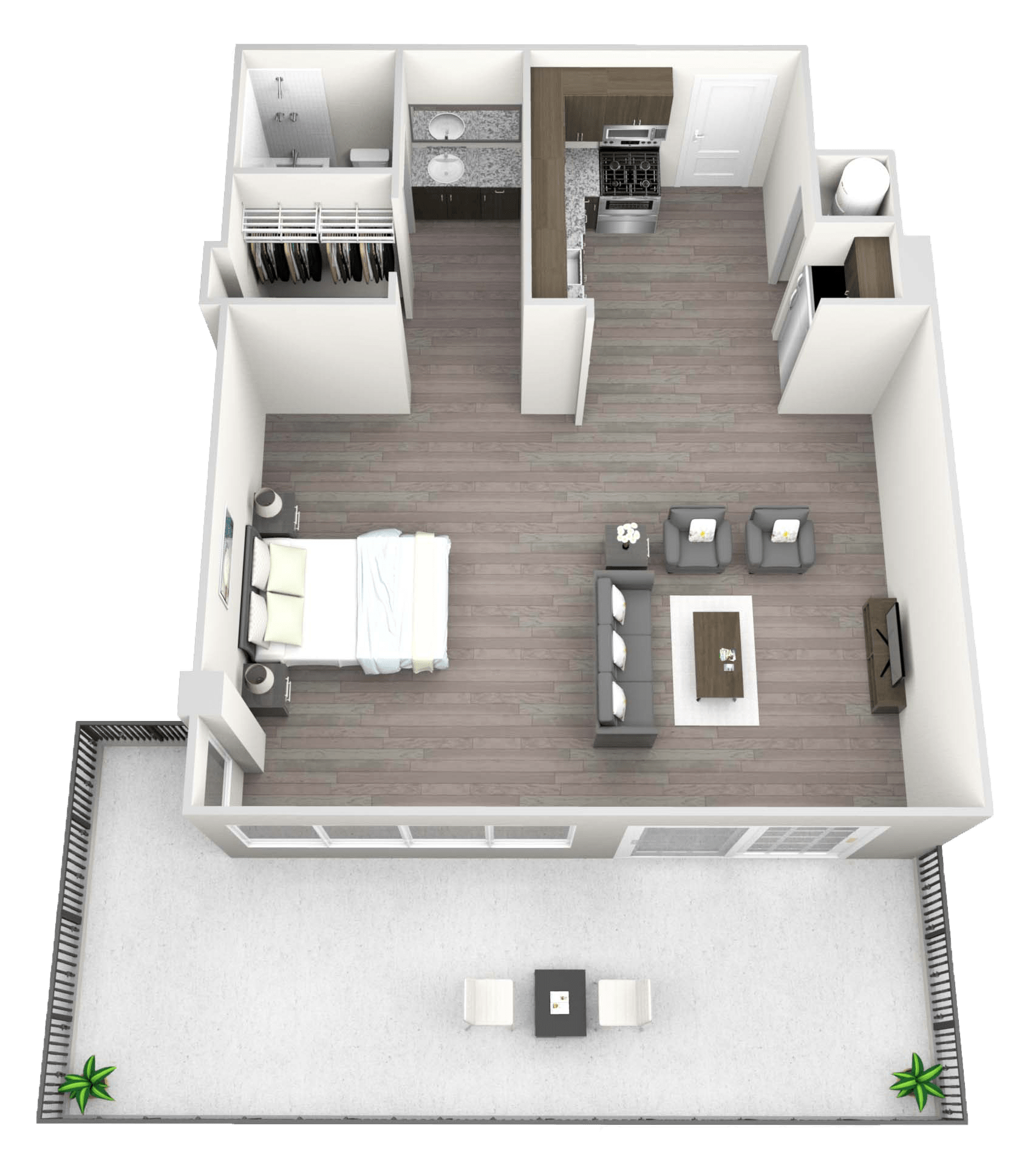 A 3D floor plan of a house with a living room, kitchen, and two bedrooms.